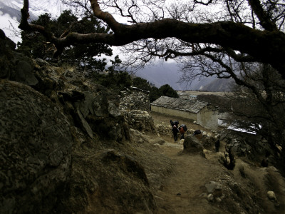 Climbers Hiking Through Small Mountain Village, Nepal by David D'angelo Pricing Limited Edition Print image