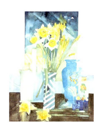 Daffodils In A Striped Vase by Shirley Trevena Pricing Limited Edition Print image