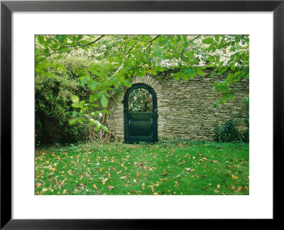 Ornamental Gate In Stone Wall In Shade Under Tree, View Through Gateway, Somerset by Mark Bolton Pricing Limited Edition Print image