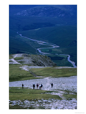 Overhead Of Trekkers Descending Ben Hope To Valley, Strathmore River Valley, United Kingdom by Mark Daffey Pricing Limited Edition Print image