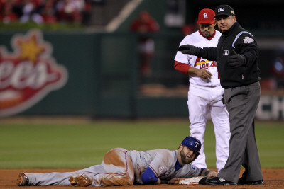 Rangers V Cardinals, St Louis, Mo - Oct. 27: Rafael Furcal, Greg Gibson And Mike Napoli by Ezra Shaw Pricing Limited Edition Print image