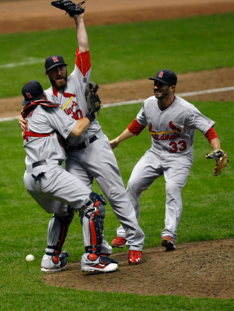 Cardinals V Brewers - Milwaukee, Wi - Oct. 16: Yadier Molina, Jason Motte And Daniel Descalso by Scott Boehm Pricing Limited Edition Print image