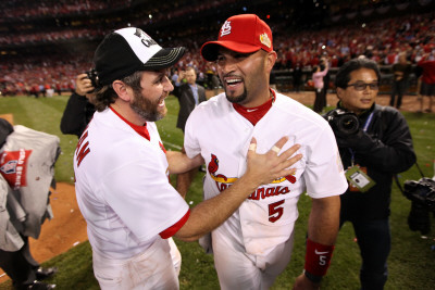 Game 7 - Rangers V Cardinals, St Louis, Mo - October 28: Albert Pujols And Lance Berkman by Jamie Squire Pricing Limited Edition Print image