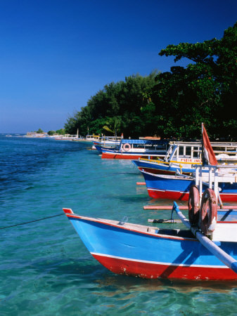 Passenger Boats Moored At Gili Air, Lombok, West Nusa Tenggara, Indonesia by Bernard Napthine Pricing Limited Edition Print image