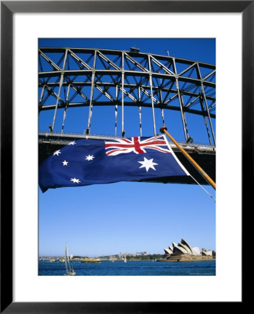 Flag, Sydney Harbour Bridge And Opera House, Sydney, New South Wales, Australia by Fraser Hall Pricing Limited Edition Print image