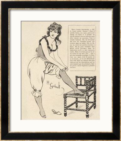 Young Woman Wearing A Lacy Chemise Corset And Frilly Edged Drawers Adjusts Her Stockings by H. Gerbault Pricing Limited Edition Print image