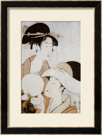 Bust Portrait Of Two Women, One Holding A Fan, The Other With A Head Cover Holding A Tea Cup by Utamaro Kitagawa Pricing Limited Edition Print image