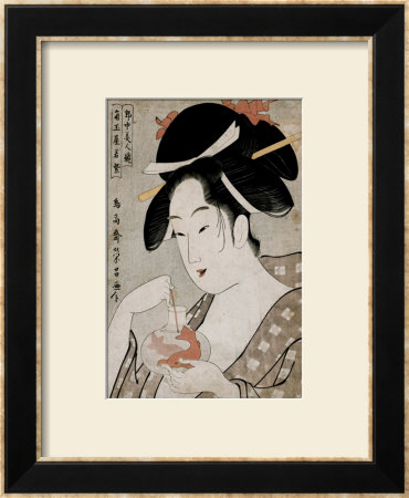 A Bust Portrait Of The Courtesan Wakamurasaki Of The Tsunotamaya Playing With Goldfish by Chokosai Eisho Pricing Limited Edition Print image