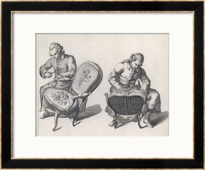 Two French Craftsmen Work On The Elaborate Upholstery On A Pair Of Louis Xv Style Fauteuils by Benard Pricing Limited Edition Print image