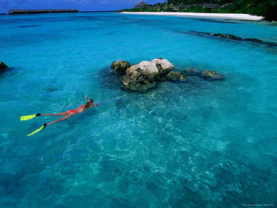 Woman Snorkelling In Lagoon, Maldives by Michael Aw Pricing Limited Edition Print image