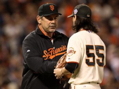 Texas Rangers V San Francisco Giants, Game 1: Bruce Bochy, Tim Lincecum by Jed Jacobsohn Pricing Limited Edition Print image