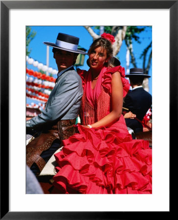 Feria De Abril Horseman With Girl In Traditional Dress, Sevilla, Andalucia, Spain by David Tomlinson Pricing Limited Edition Print image