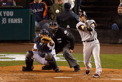 Detroit, Mi - October 28: Detroit Tigers V San Francisco Giants - Marco Scutaro And Phil Coke by Leon Halip Pricing Limited Edition Print image