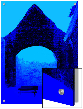 Abstract Image Of A Bench And Brick Arched Structure In Blue by L.B. Pricing Limited Edition Print image