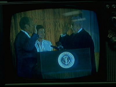 Tv Image Of Vp Ford Taking Oath As 38Th Us President Administered By Chief Justice Burger by Gjon Mili Pricing Limited Edition Print image