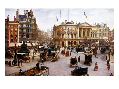 London - Piccadilly Circus With Trams, Cars, Horse Drawn Carriages Early 1900S by William Makepeace Thackeray Pricing Limited Edition Print image