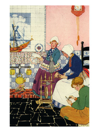 Family In Kitchen, Wiping Dishes, Spinning Wool, Carving Wood And Wearing Traditional Dutch Costume by Hugh Thomson Pricing Limited Edition Print image