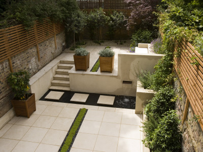 Contemporary Classic Garden With Planted Rill, Copper Water Feature, Limestone Paving And Steps by Clive Nichols Pricing Limited Edition Print image
