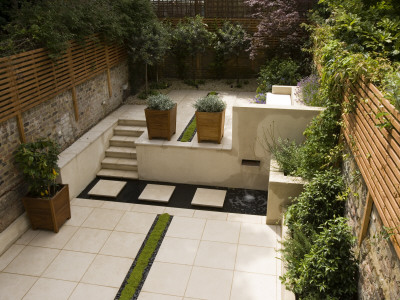 Contemporary Classic Garden With Planted Rill, Copper Water Feature, Limestone Paving And Steps by Clive Nichols Pricing Limited Edition Print image