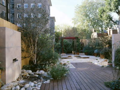 Roof Garden - Bamboo Fence, Water Feature, White Boulders, Cedar Deck, And Barleycorn Gravel by Clive Nichols Pricing Limited Edition Print image