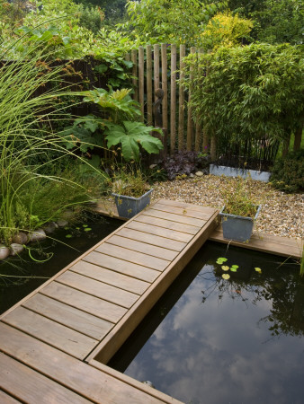 Pond With Decked Walkway, Sculpture And Fence Made From Wooden Posts, Designer: Kathy Taylor by Clive Nichols Pricing Limited Edition Print image