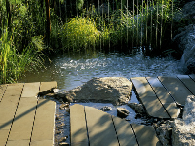 Water Curtain Feature Flowing Into Pool With Rocks And Paving, Israel Jubilee Garden, Chelsea 1998 by Clive Nichols Pricing Limited Edition Print image