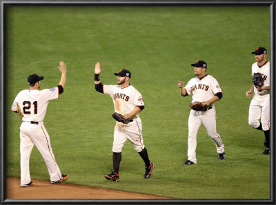 Texas Rangers V San Francisco Giants, Game 2: Freddy Sanchez, Cody Ross, Andres Torres, Mike Fonten by Jed Jacobsohn Pricing Limited Edition Print image