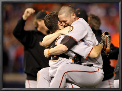 Texas Rangers V. San Francisco Giants, Game 5:  Buster Posey, Aubrey Huff by Ronald Martinez Pricing Limited Edition Print image