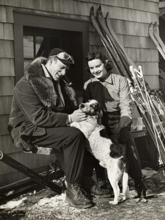 Couple Outside Ski Lodge With Dog by George Marks Pricing Limited Edition Print image