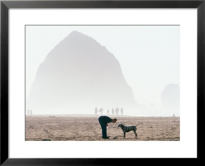Playing Frisbee On Misty Morning, Cannon Beach, Oregon, Usa by Janis Miglavs Pricing Limited Edition Print image