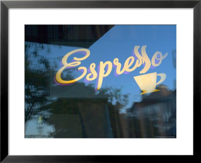 Espresso Sign In Cafe Window, Portland, Oregon, Usa by Janis Miglavs Pricing Limited Edition Print image