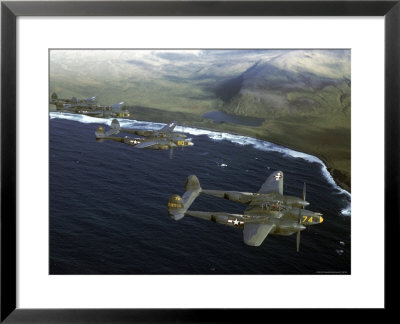 Excellent Of A Squadron Of American P-38 Fighters In Flight Over An Aleutian Island by Dmitri Kessel Pricing Limited Edition Print image
