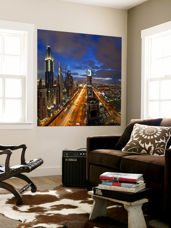 United Arab Emirates (Uae), Dubai, Sheikh Zayed Road Looking Towards The Burj Kalifa At Night by Gavin Hellier Pricing Limited Edition Print image