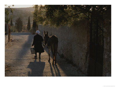 A Woman And Her Donkey Walk Down A Street In Pyrgi, Greece by Tino Soriano Pricing Limited Edition Print image