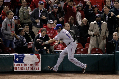 2011 World Series Game 7 - Rangers V Cardinals, St Louis, Mo - October 28: Michael Young by Rob Carr Pricing Limited Edition Print image