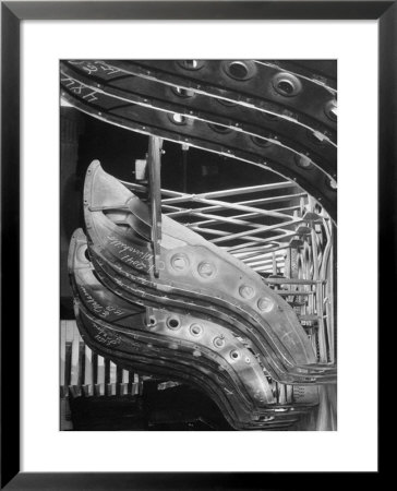 Harp-Shaped Steel String Frames In Racks Waiting To Be Installed At The Steinway Piano Factory by Margaret Bourke-White Pricing Limited Edition Print image