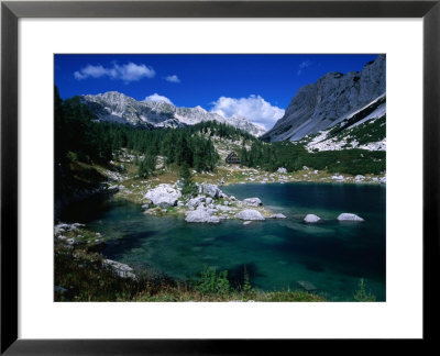 Overhead View Of Double Lake, House And Mountains, Triglav National Park, Slovenia by Grant Dixon Pricing Limited Edition Print image