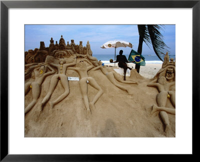 Sand Sculptures With The Sculptor Posing Under The Umbrella, Copacabana by Judy Bellah Pricing Limited Edition Print image