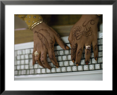 Woman's Hands On A Computer Keyboard Decorated With Henna by Lynn Abercrombie Pricing Limited Edition Print image