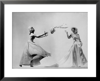 Model Wearing Wedding Gown Tossing Bouquet To Another Model Dresses As Bridesmaid by Gjon Mili Pricing Limited Edition Print image