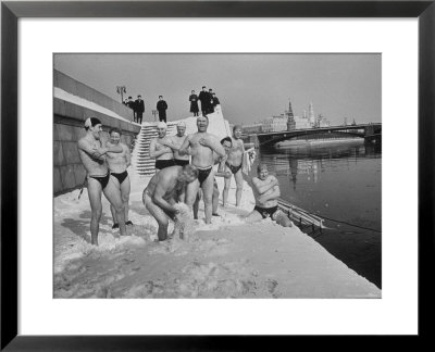 Russians Playing In The Snow In Swimming Gear, Preparing To Go Swimming by Carl Mydans Pricing Limited Edition Print image