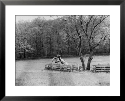 Member Of The Us Equestrian Team Jumping The Hurdles In The Fields During The Pre Olympic Practices by Mark Kauffman Pricing Limited Edition Print image