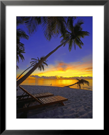 Deckchair On Tropical Beach By Palm Tree At Dusk And Blue Heron, Maldives, Indian Ocean by Papadopoulos Sakis Pricing Limited Edition Print image