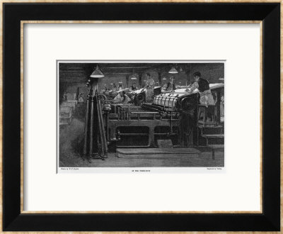 Men Working At Printing Presses Under The Glare Of Electric Light by Susan Varley Pricing Limited Edition Print image