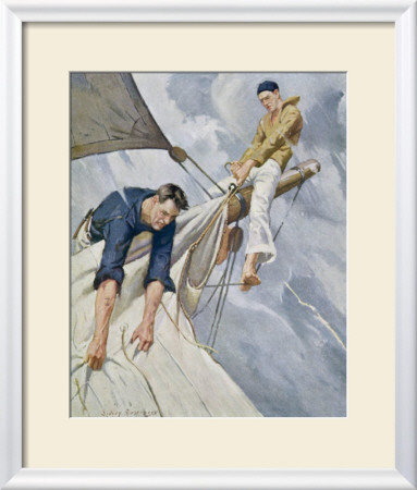 Two Sailors In The Rigging Raising A Sail by Sidney Riesenberg Pricing Limited Edition Print image