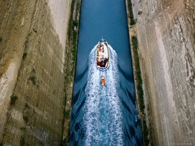 Bird's Eye View Of Boat Travelling Down Corinth Canal, Corinth, Peloponnese, Greece by Jon Davison Pricing Limited Edition Print image