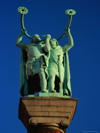 Statue Of Horn-Blowing Vikings In Bronze Outside The Radhus, Copenhagen, Denmark by Anders Blomqvist Pricing Limited Edition Print image