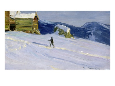 Winter Evening In Vaga With Skier (Oil On Canvas) by Gustav Wentzel Pricing Limited Edition Print image