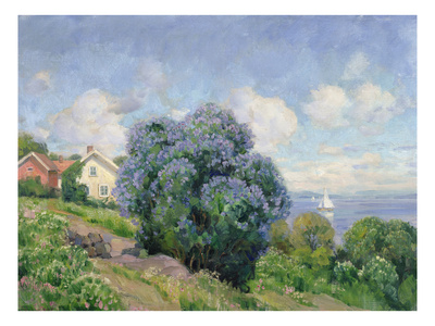 Summer Landscape With Lilac Bush, House And Sailing Boat (Oil On Canvas) by Thorolf Holmboe Pricing Limited Edition Print image