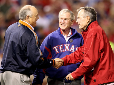 San Francisco Giants V Texas Rangers, Game 4: George H.W. Bush,George W. Bush,Nolan Ryan by Christian Petersen Pricing Limited Edition Print image